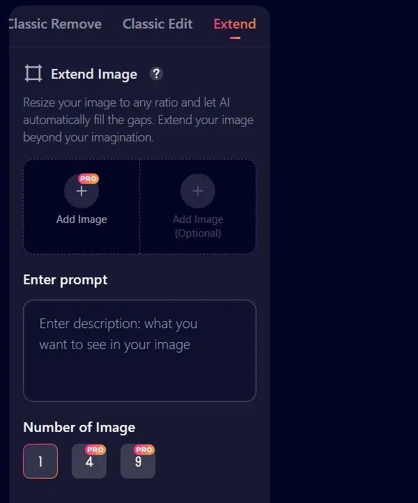 AI extend image function panel, supporting image ratio adjustment and automatic AI content filling