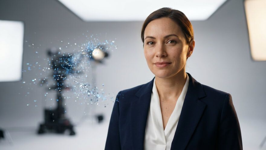 A business presenter stands in a studio set.