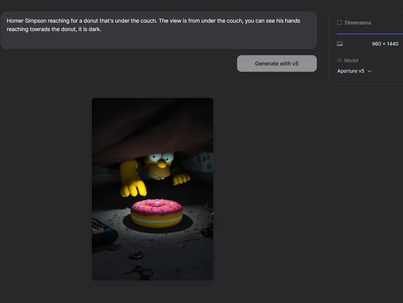 Interface de geração de imagens de IA com prompt de texto de Homer Simpson alcançando um donut debaixo do sofá