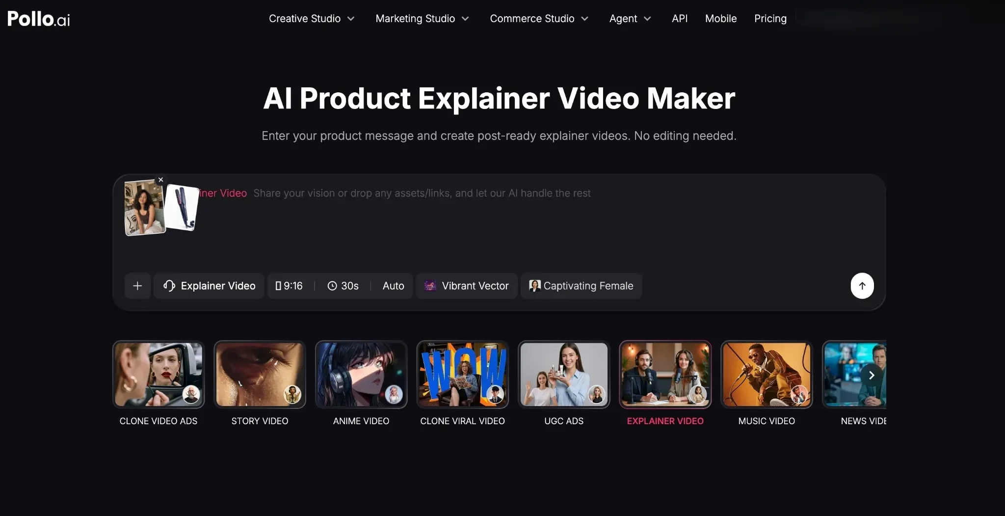 Interface for creating AI-generated explainer videos with various options.