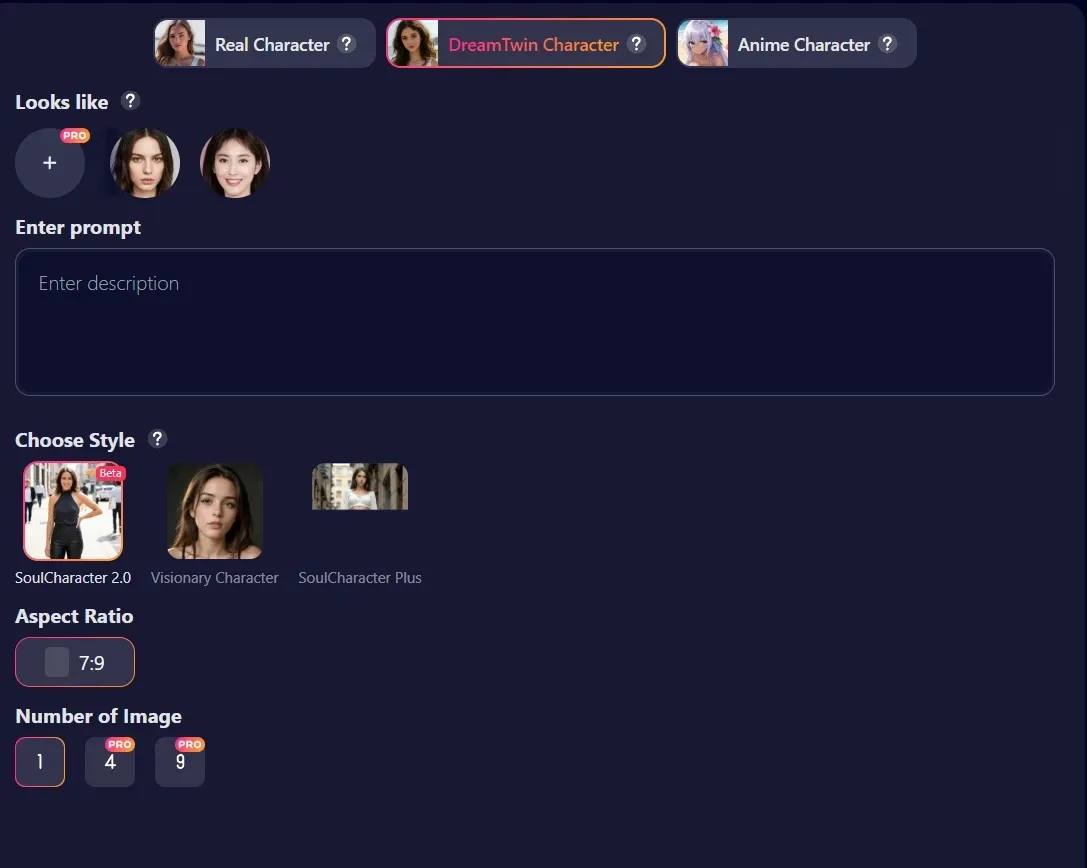 AI real character generation interface with character reference, prompt input, style and ratio settings