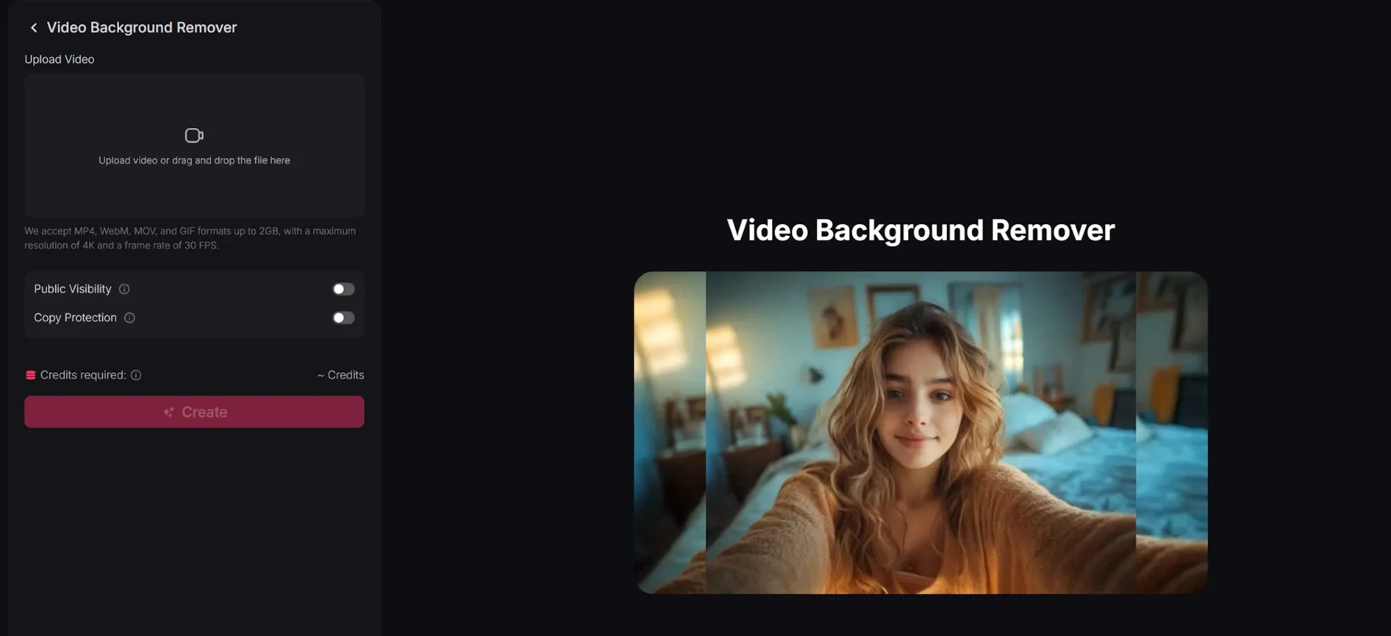 AI-videobaggrundsfjernergrænseflade med videouploadområde og eksempel på forhåndsvisning af portrætvideo