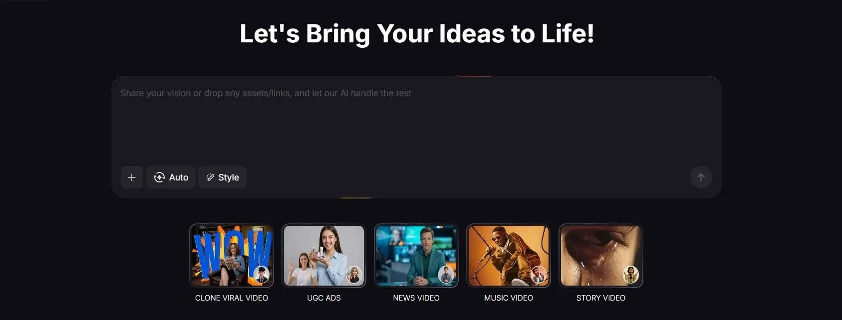 AI video creation platform interface featuring the headline