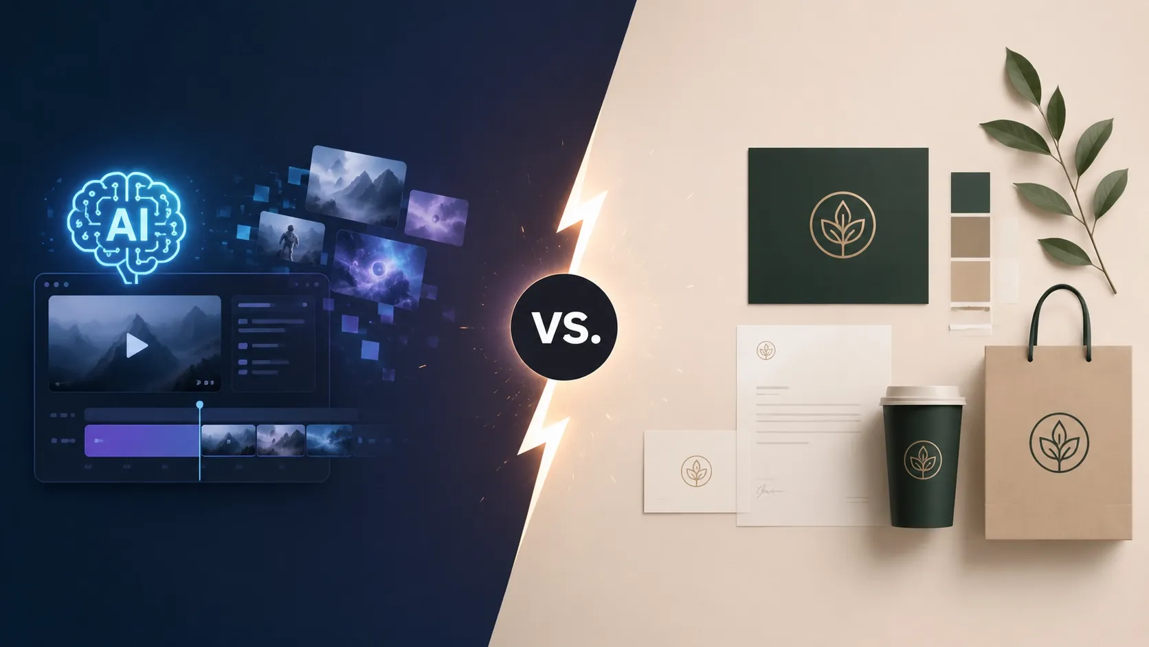 AI video creation versus brand identity design assets comparison graphic
