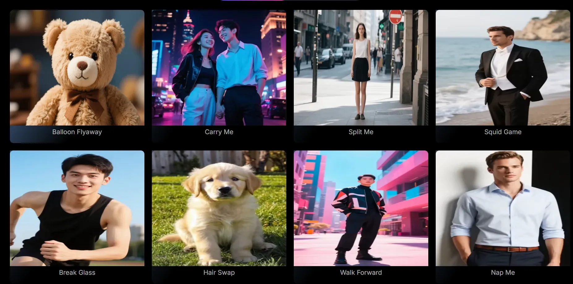 Un'interfaccia a griglia che mostra otto diversi modelli di effetti video AI, con miniature di varie scene come un orsetto di peluche, una coppia in una città al neon, un cucciolo di golden retriever e un uomo in giacca e cravatta, con etichette di nomi di effetti specifici come 'Balloon Flya