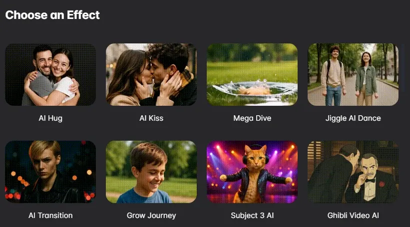 AI video effects selection interface featuring creative effects like AI Hug, AI Kiss, and Ghibli Video AI