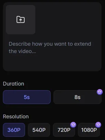 AI video extender settings interface with duration (5s/8s) and resolution (360P/540P/720P/1080P) options