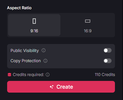 AI video generation settings panel displaying aspect ratio options, visibility toggles, and 110 credits required