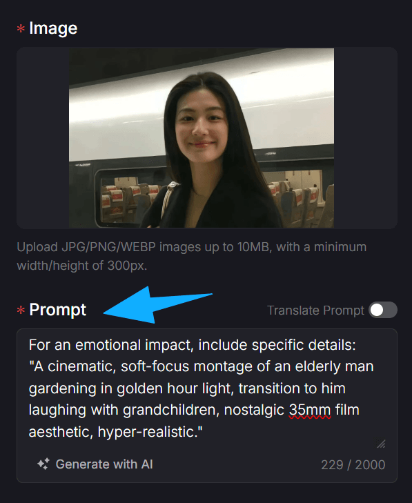 AI video generation interface with uploaded portrait image, prompt input field, and example prompt for a nostalgic cinematic montage