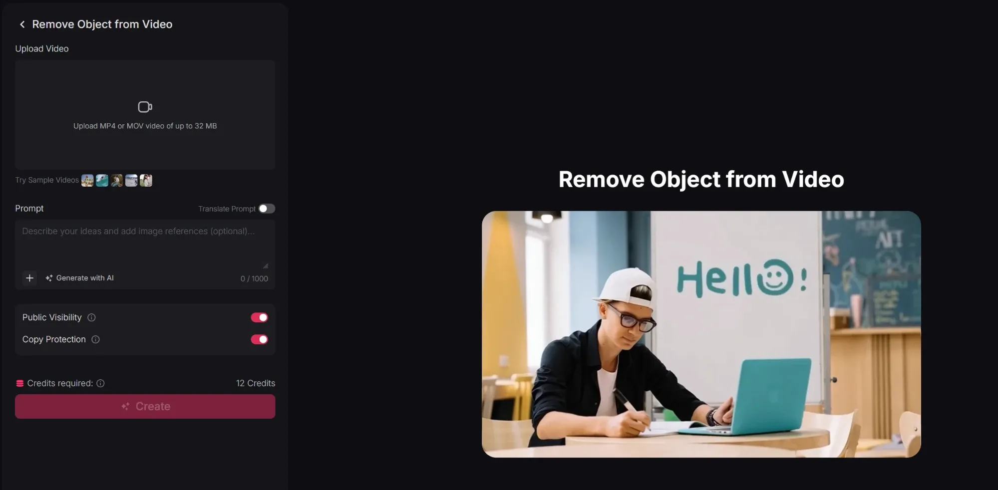 AI-videoobjektfjerningsværktøjsgrænseflade med videouploadsektion og forhåndsvisning af studerendes arbejdsscene