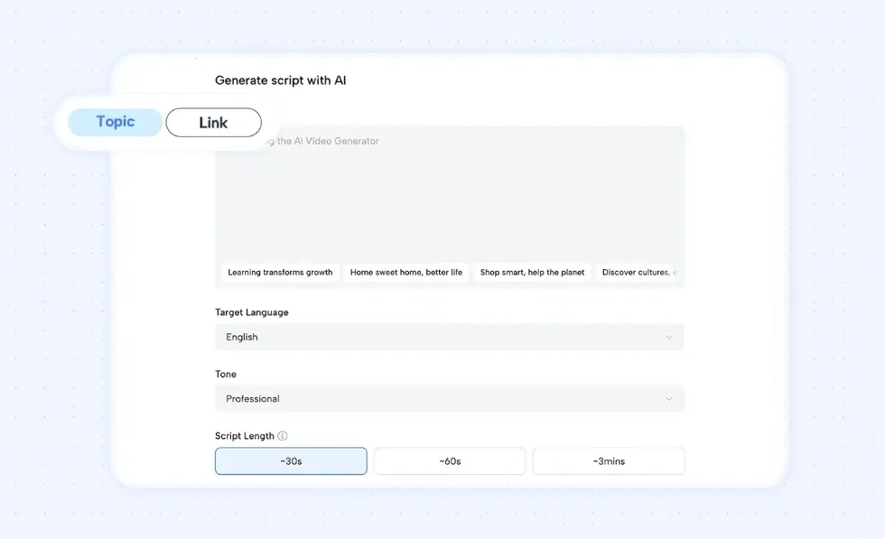AI script generation panel for video creation with topic input, language, tone and length settings