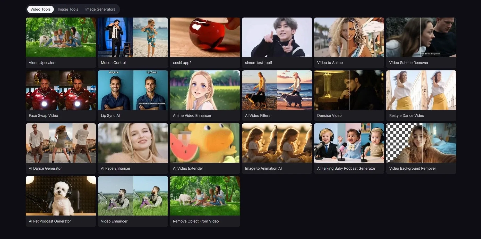 Dashboard interface displaying various AI video editing tools, including video upscaling, face swap, lip sync, and background removal