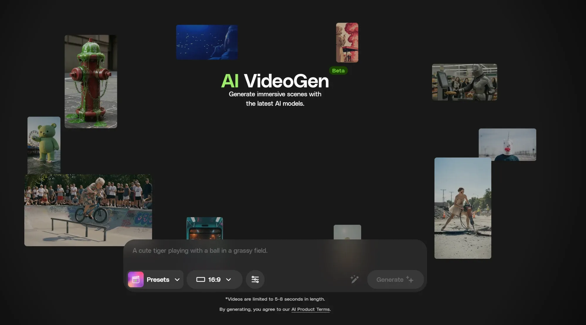 AI VideoGenツールのインターフェースには、プロンプト入力ボックス、プリセット、アスペクト比設定が備わっています。