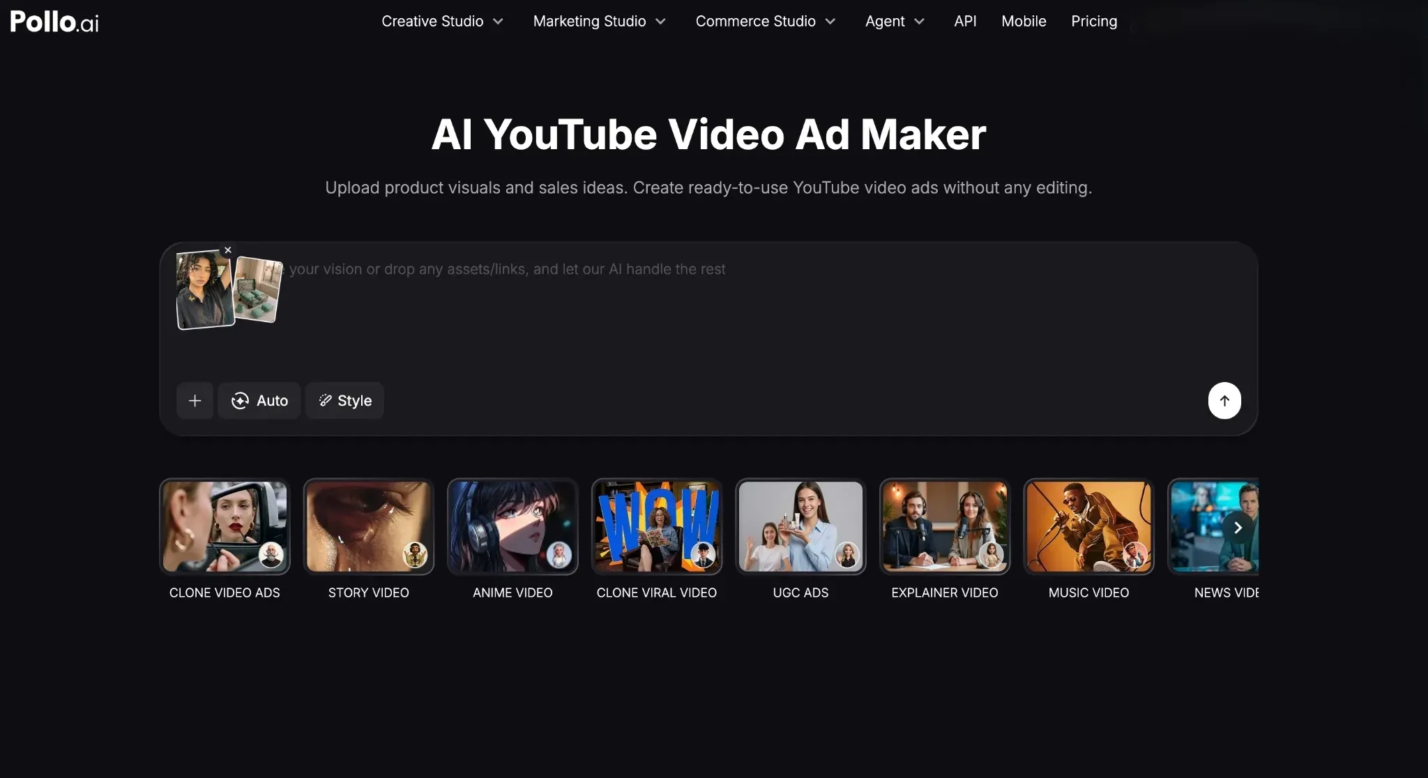 Interface for creating YouTube video ads with various styles and templates.