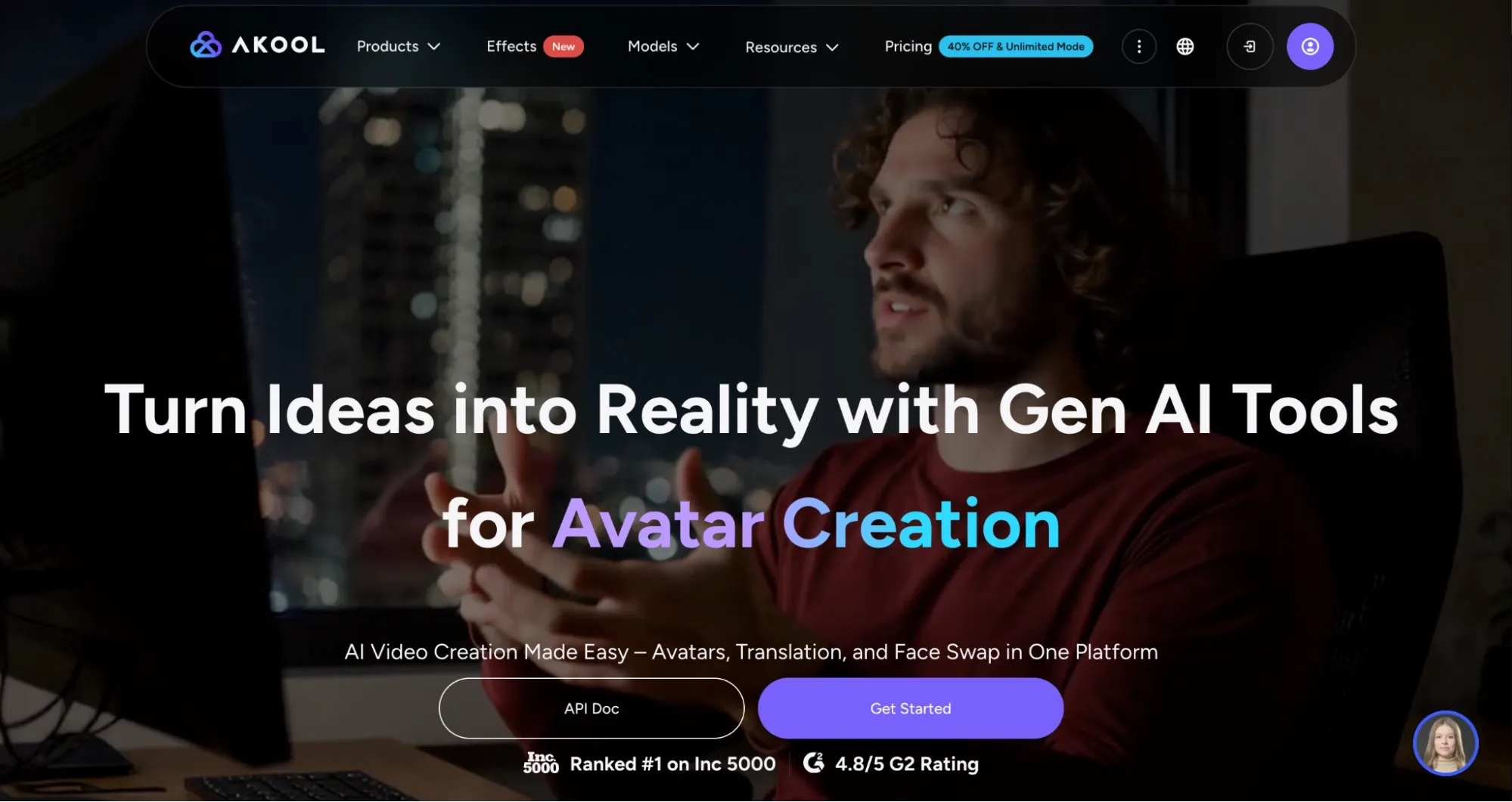 AKOOL landing page for avatar creation and AI video tools