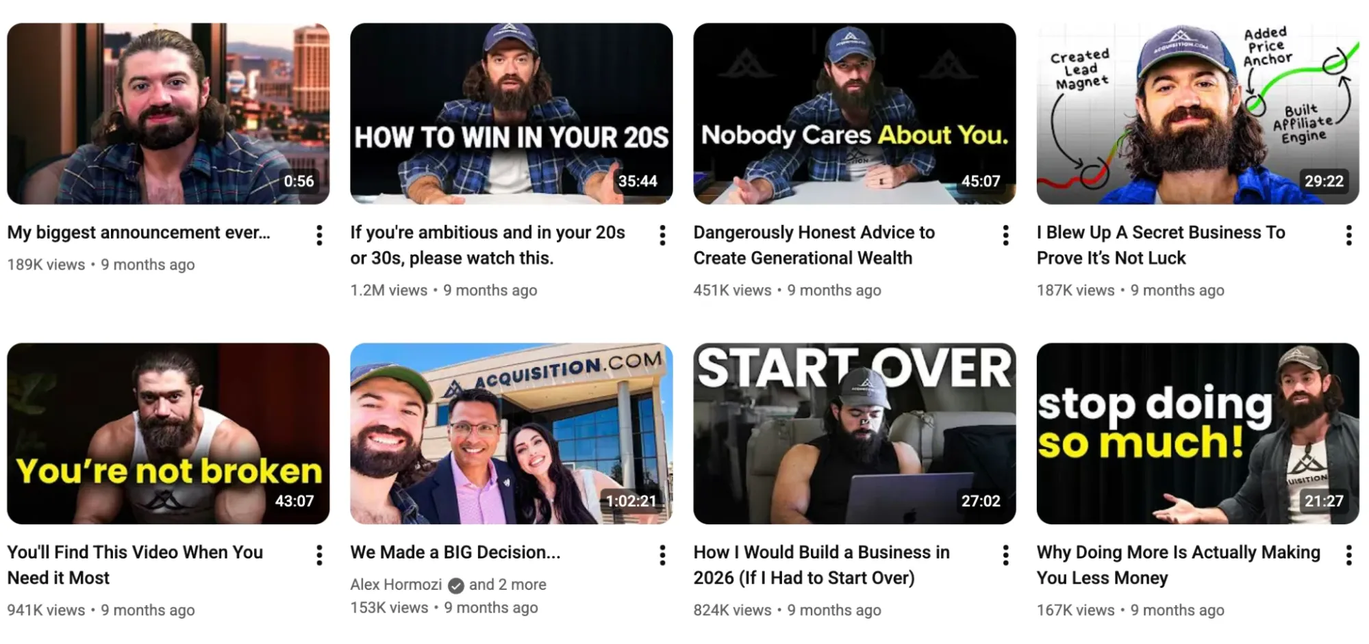 YouTube page displaying business and entrepreneurship video thumbnails by Alex Hormozi