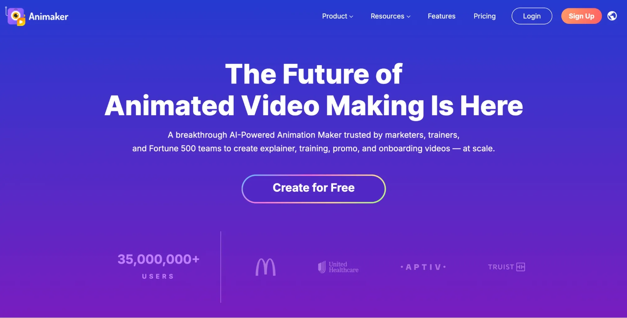 Animaker homepage highlighting AI-powered animated video creation platform