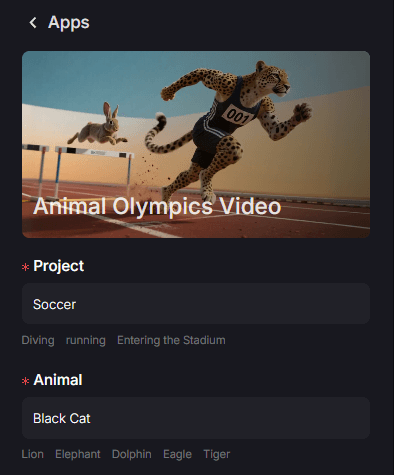 A screenshot of an animal olympics video generation app interface with project and animal selection options