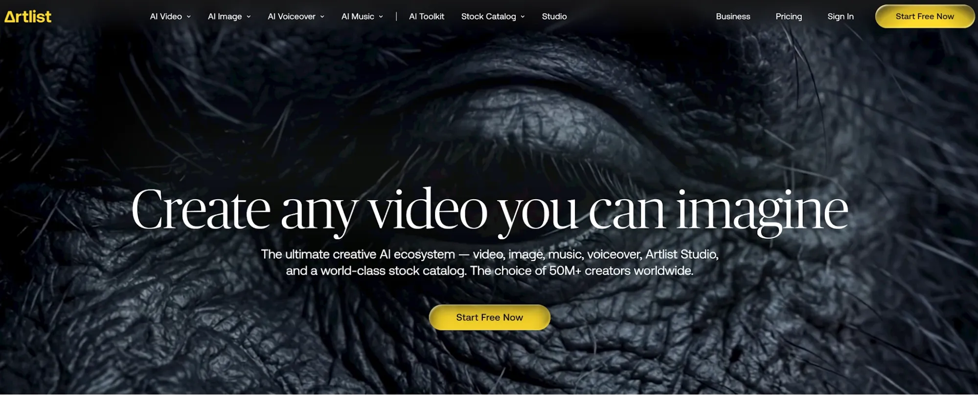 Artlist homepage promoting AI video creation with bold hero image