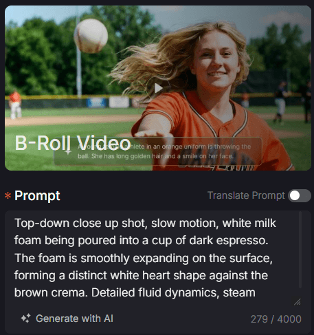 B-roll video preview of an athlete throwing a ball, with a prompt input box below