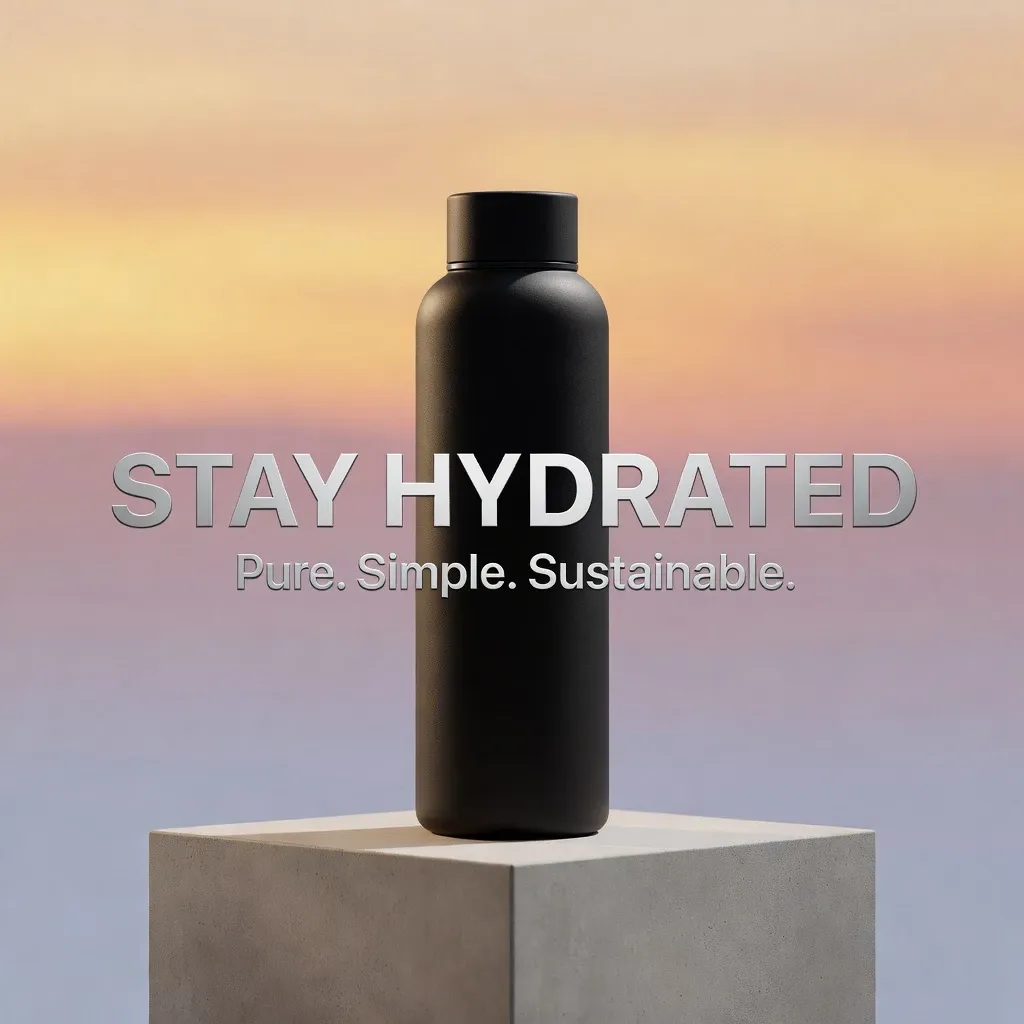 Botella de agua aislada negra mate sobre pedestal de hormigón con fondo degradado de océano al atardecer