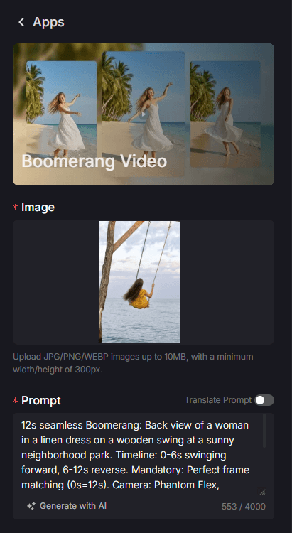 AI boomerang video creation interface displaying a preview of a woman on a beach, an uploaded image of a woman on a swing by the sea, and a detailed prompt for a 12-second seamless boomerang video