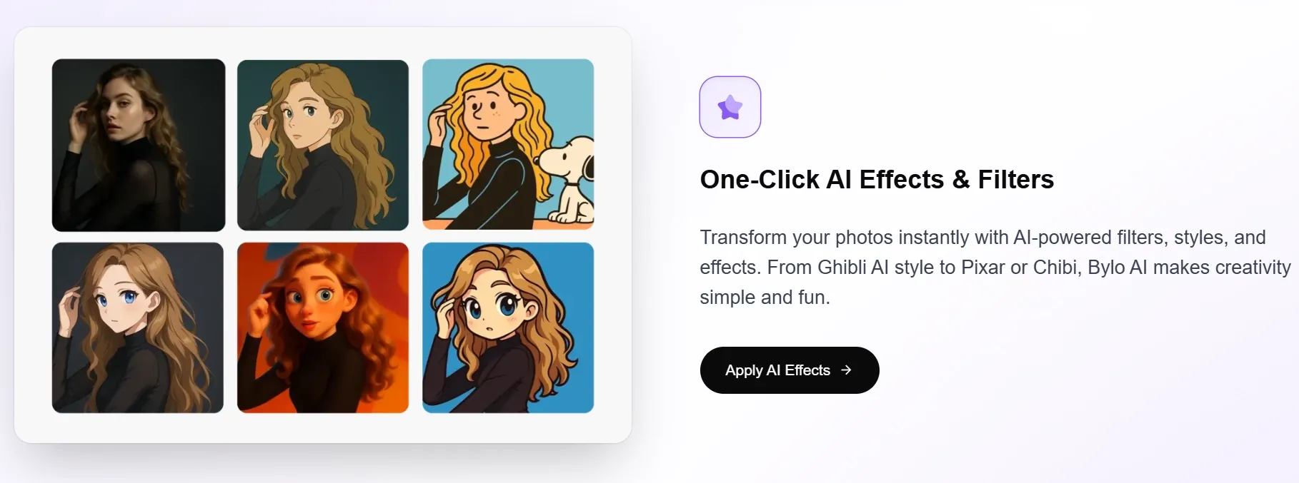 Bylo AIのページでは、ワンクリックでAIエフェクトとフィルターの例を紹介しています。