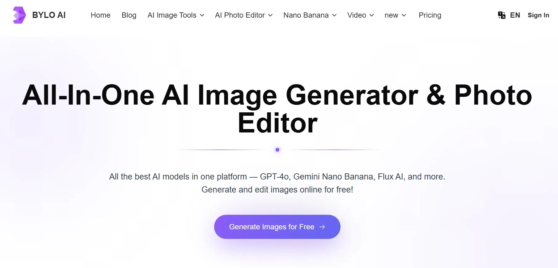 Bylo AIのホームページには、オールインワンのAI画像生成・写真編集ツールが掲載されている。