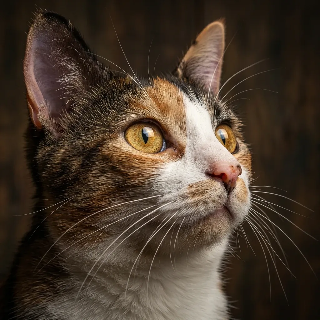 Retrato en primer plano de un gato atigrado con ojos ámbar brillantes sobre un fondo de madera oscura