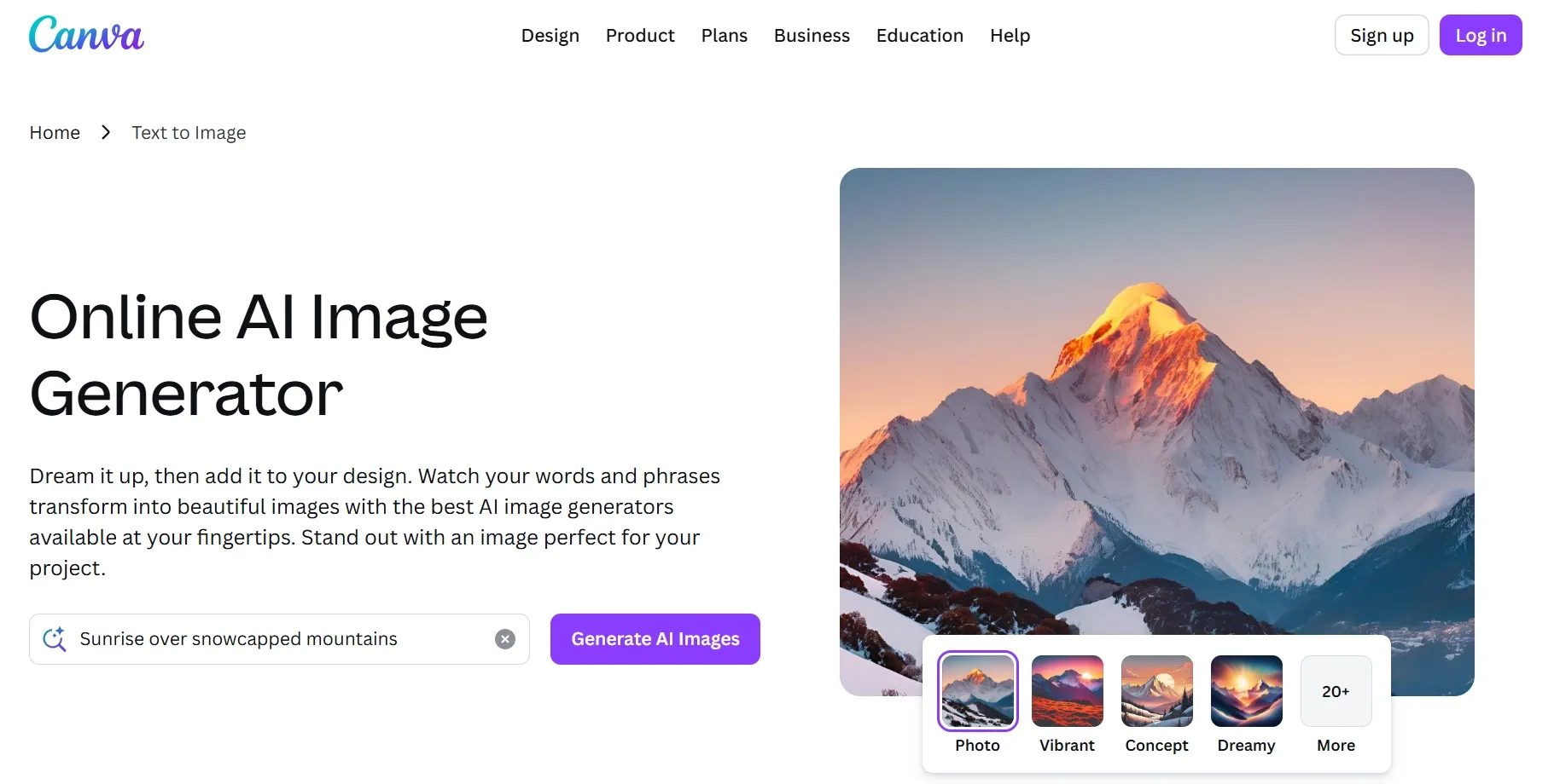 Canva text-to-image page showing an AI image generator with a mountain preview
