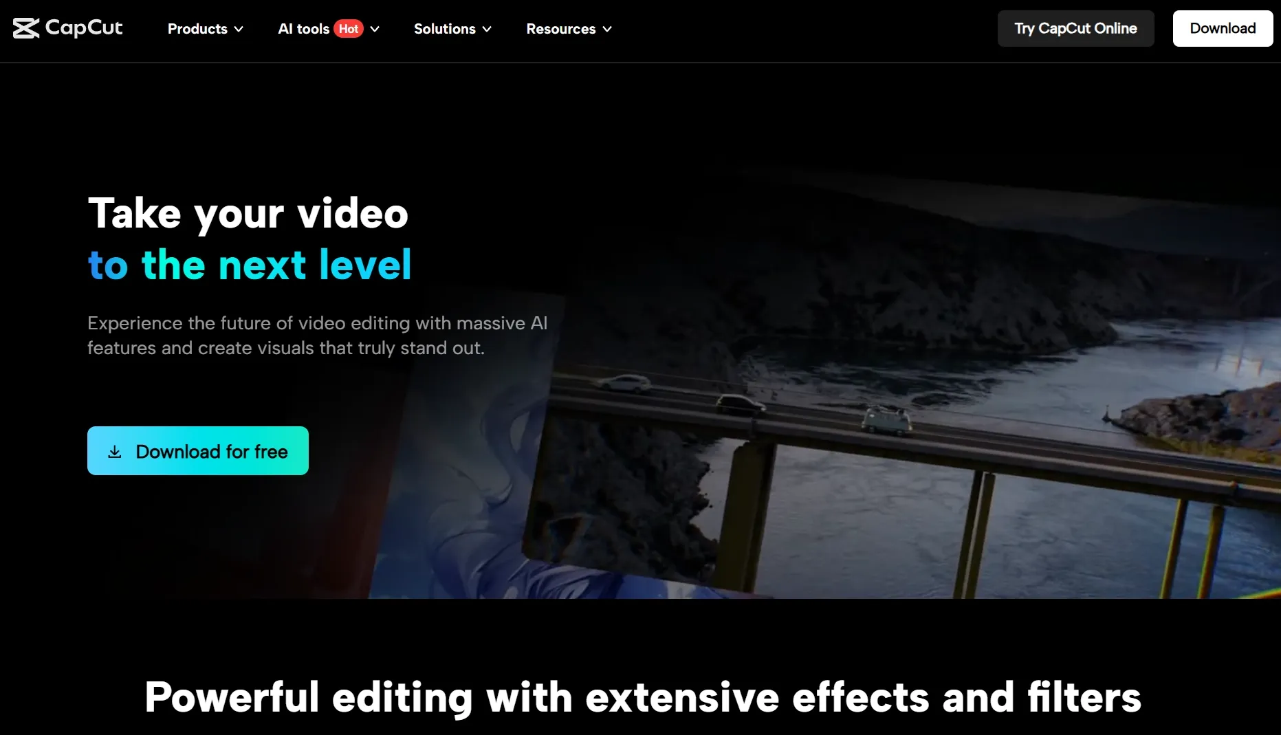 CapCut homepage showing AI video editing features