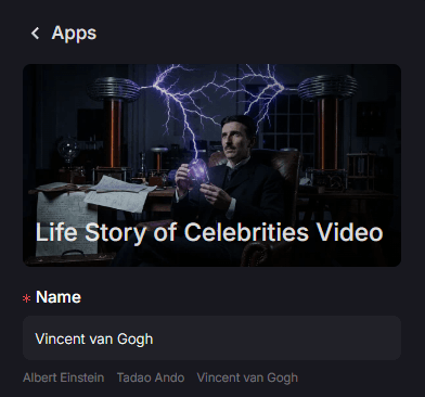 Interfaccia di selezione video sulla storia di vita di una celebrità con un'anteprima a tema Nikola Tesla e il nome selezionato Vincent van Gogh