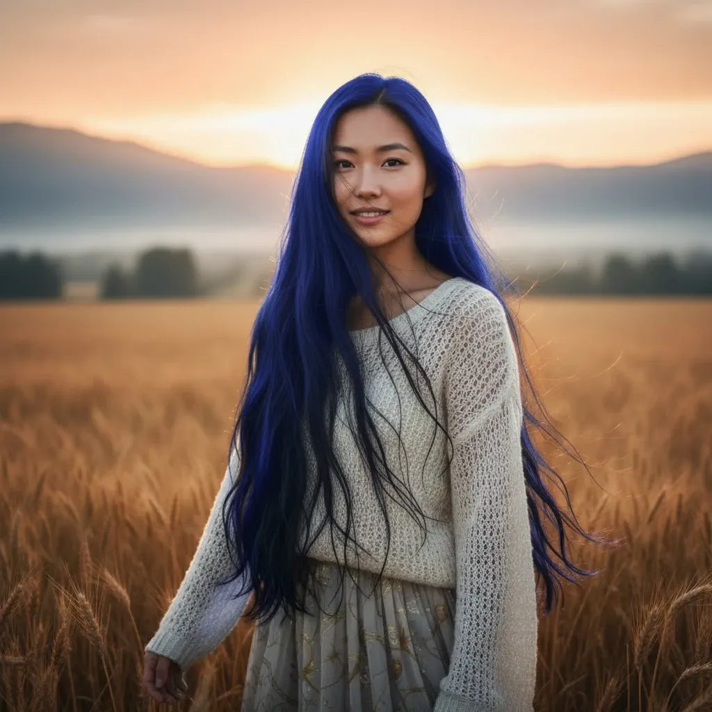 A smiling woman with long blue hair standing in a wheat field at sunset