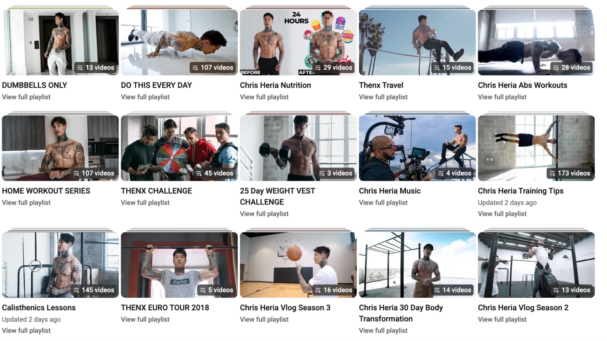 YouTube page showing multiple workout and challenge playlists from Chris Heria and THENX fitness channel