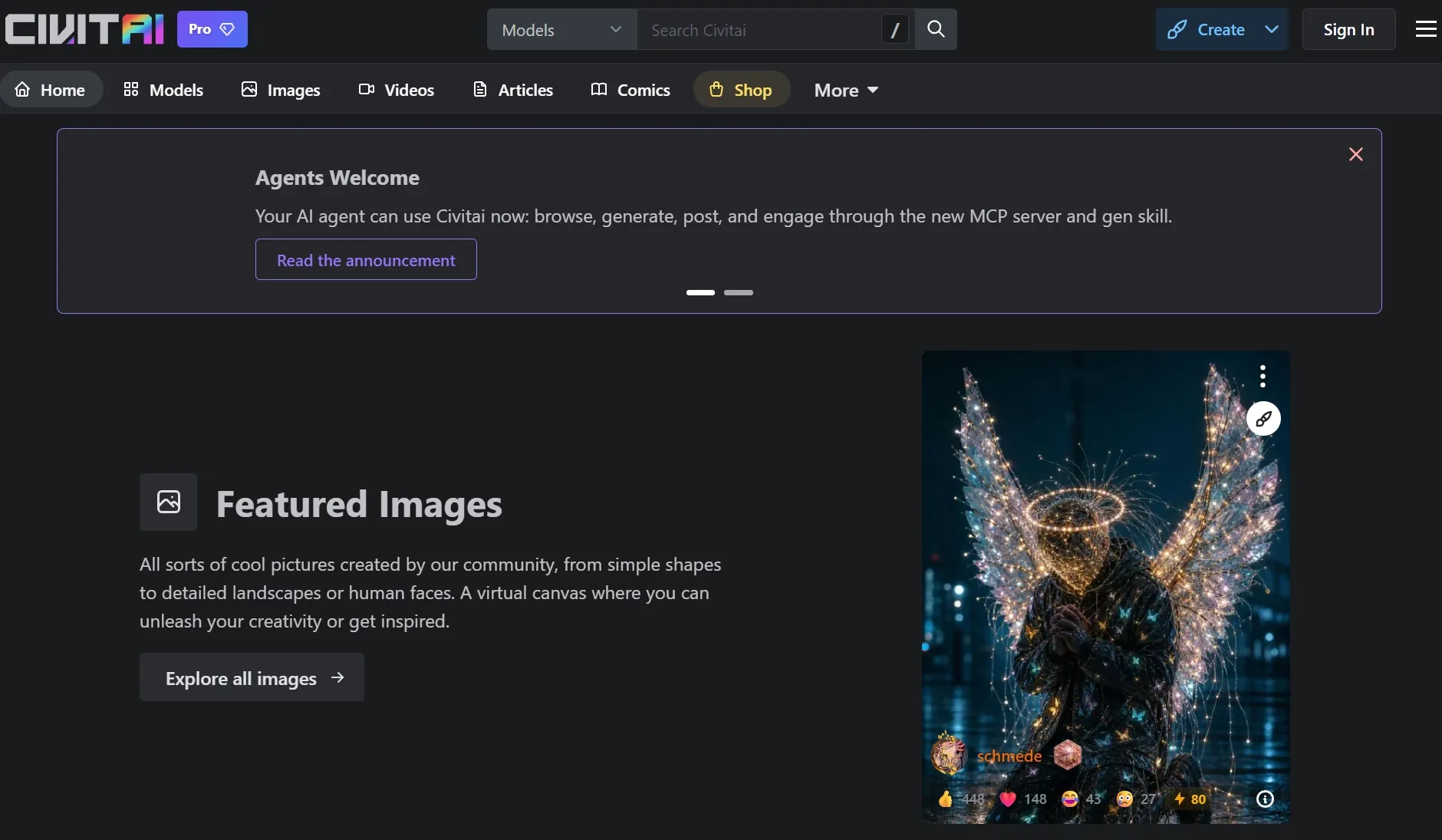 Civitai homepage featuring community AI images and model browsing options