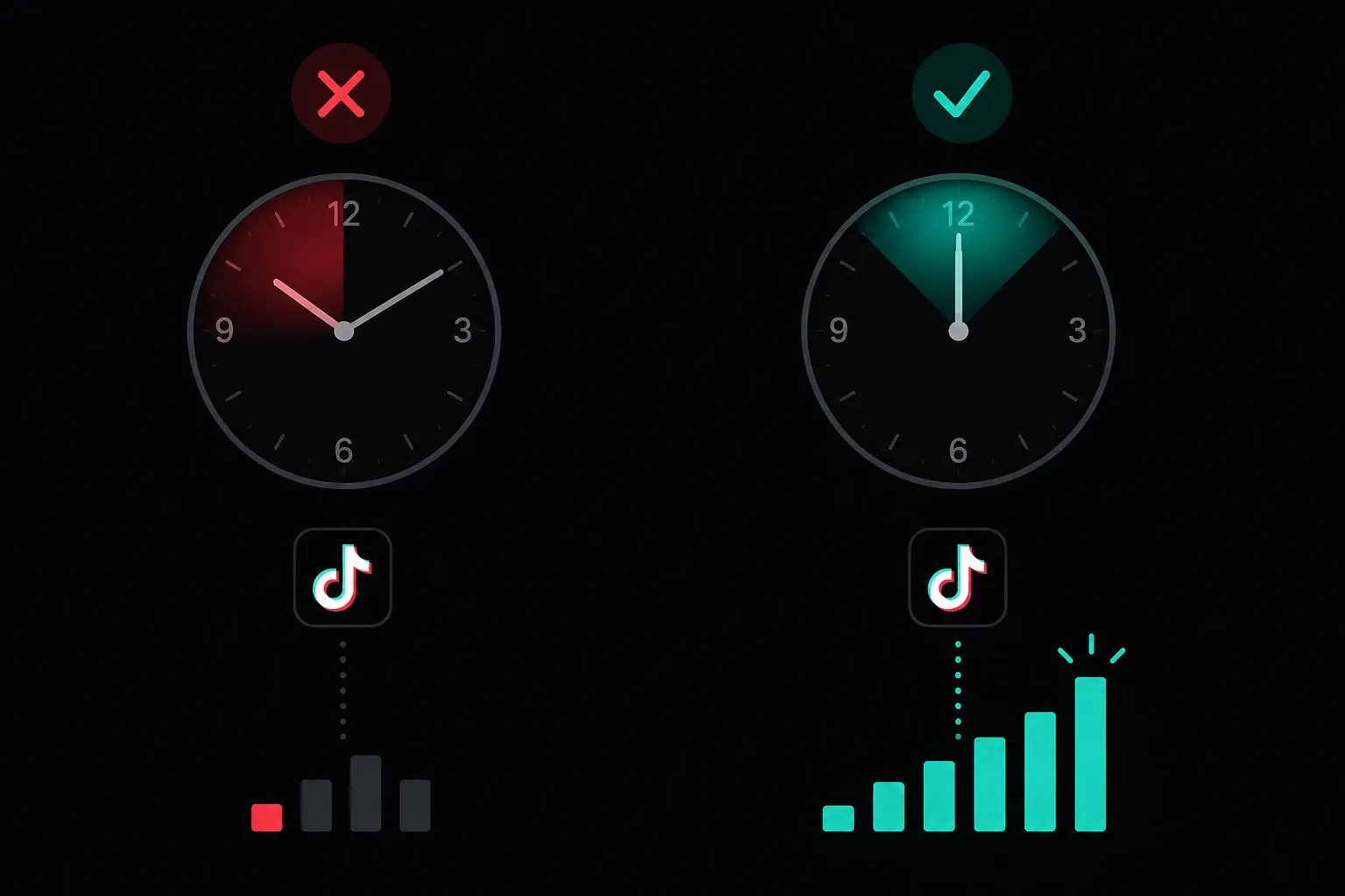 Two clocks showing different times with TikTok analytics below each.