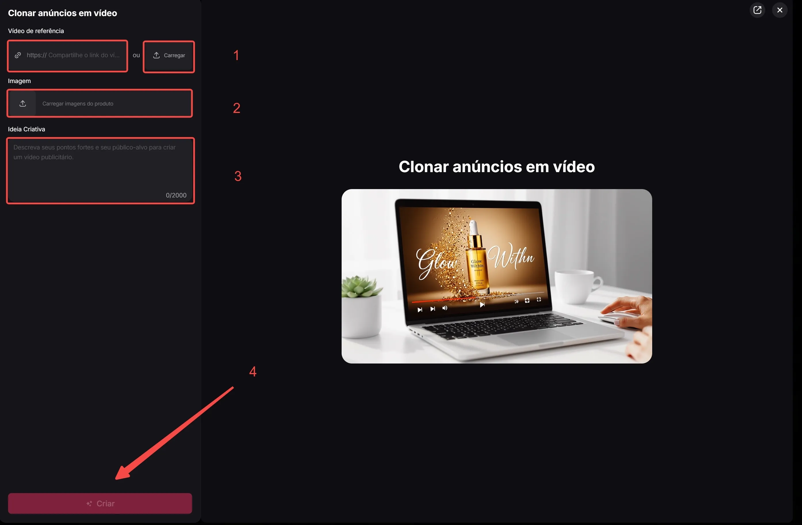 Upload de vídeo de referência e imagem para clonar anúncios em vídeo
