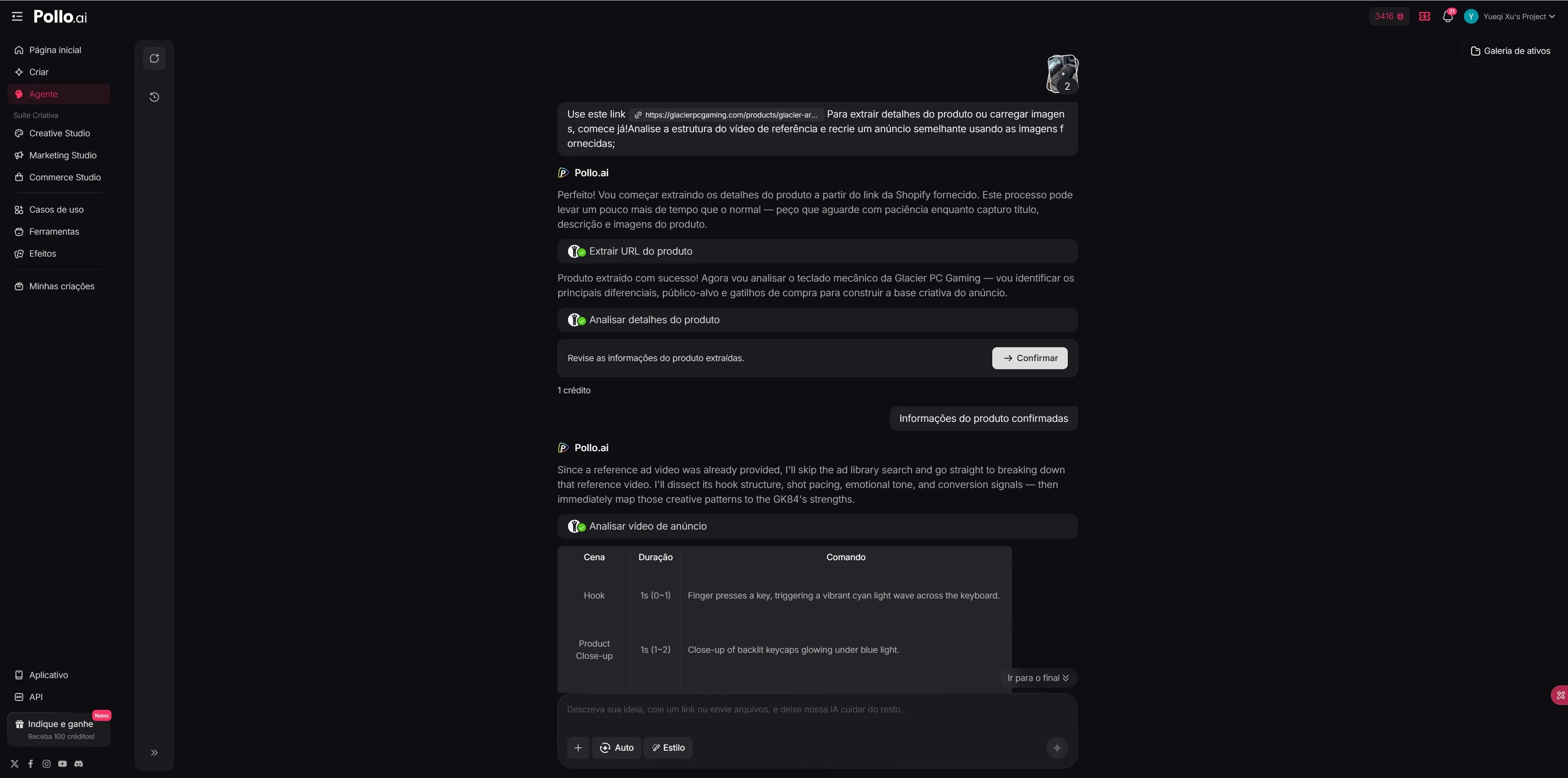 Pollo Agent analisando referência para gerar anúncio em vídeo com IA