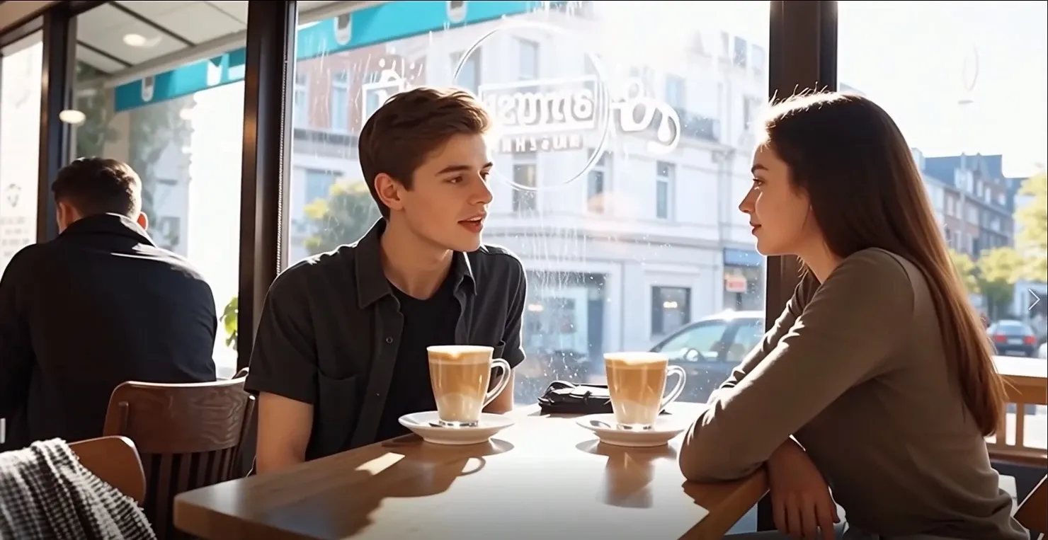 A couple is chatting in the cafe