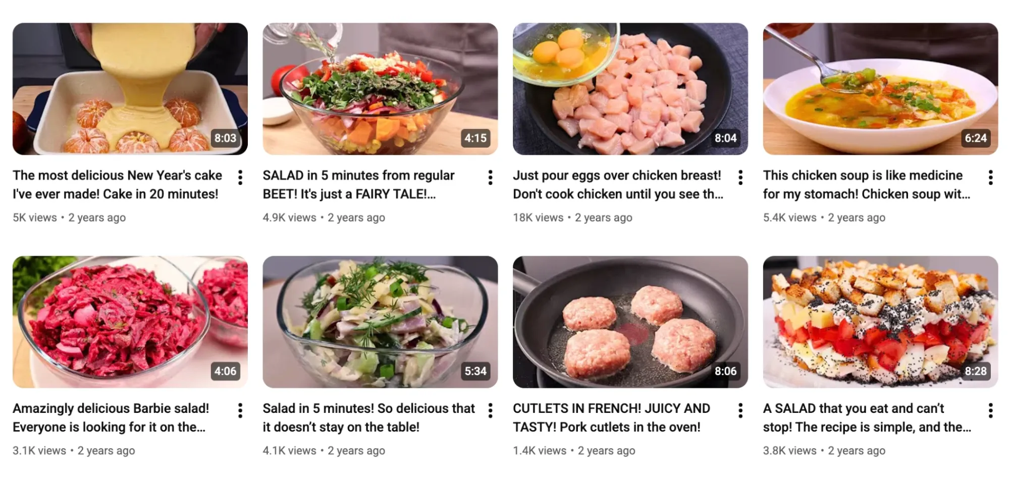 YouTube thumbnails showcasing homemade cooking recipes such as salads, chicken soup, and meat patties