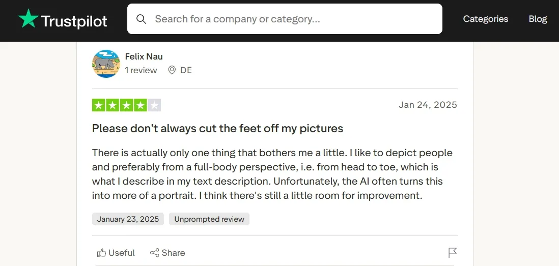 Trustpilot review mentioning image cropping issue with Deep Dream Generator