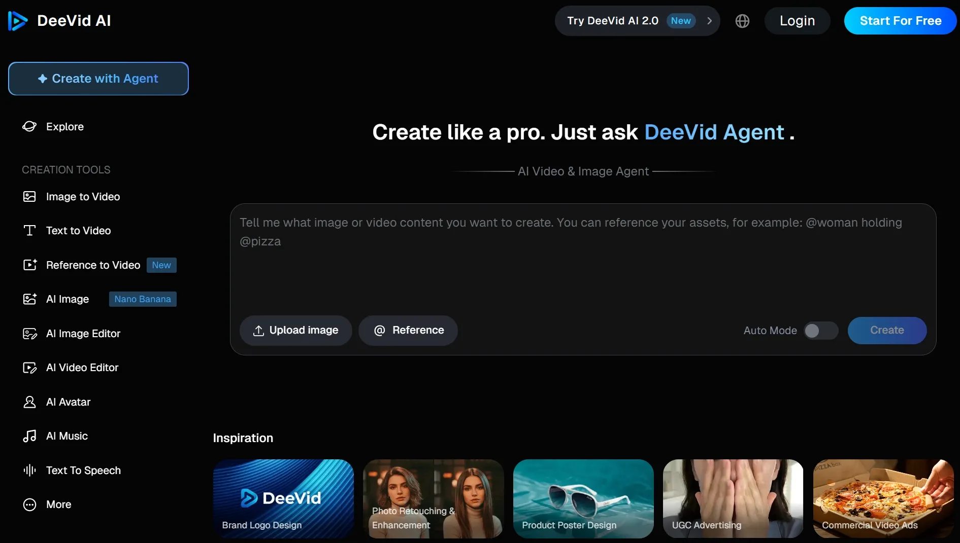 DeeVid AI homepage with AI video and image agent creation tools