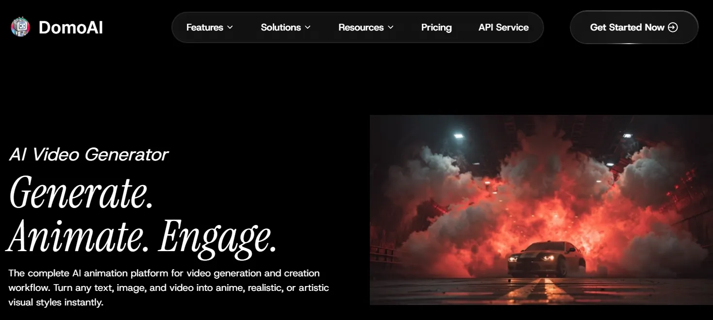 DomoAI homepage promoting AI video generation and animation tools