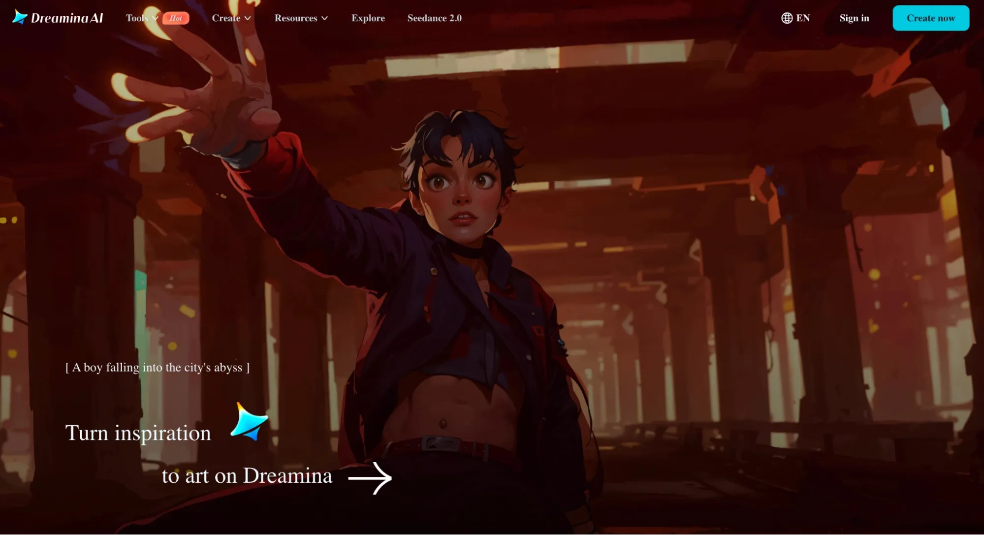 Dreamina AI homepage with anime artwork and create button