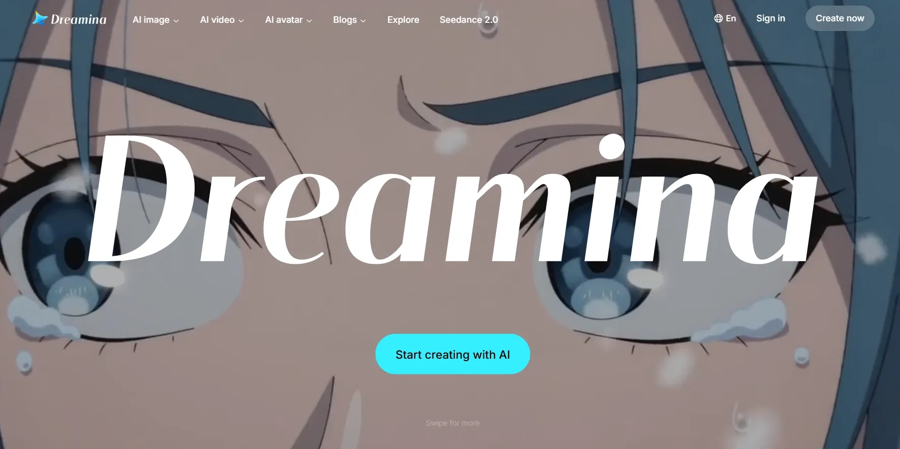 Dreamina homepage featuring anime-style visual and AI video tools