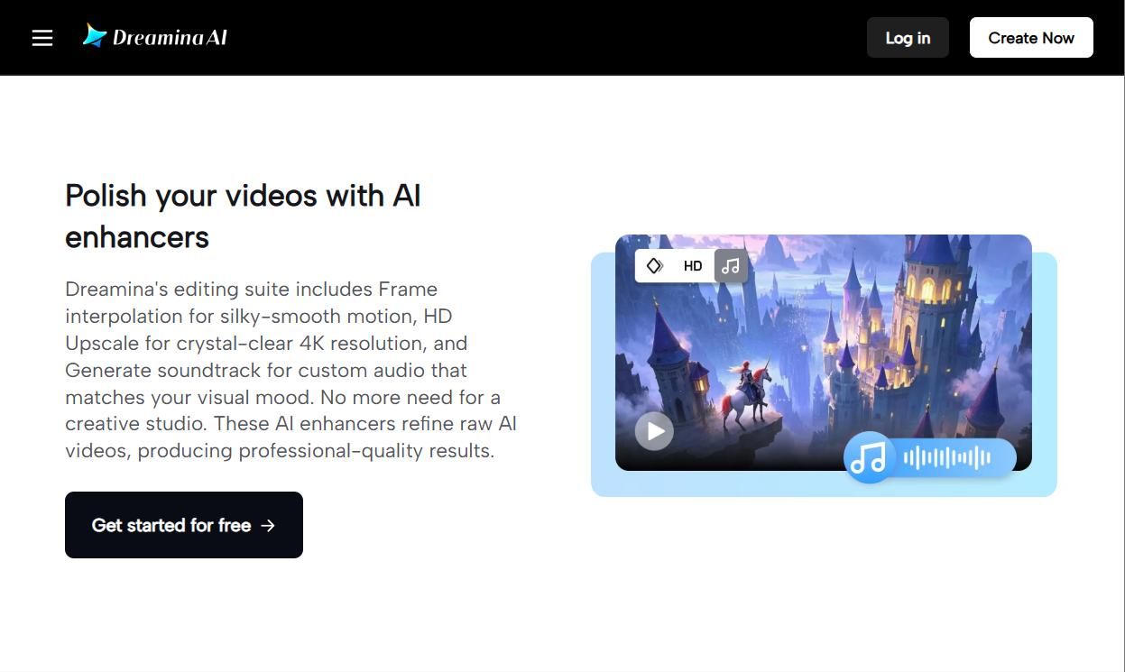 Halaman web DreaminaAI mempromosikan peningkat dan peningkatan skala video AI