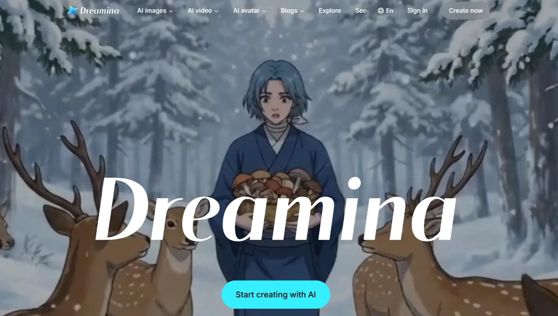 Dreamina AI creation homepage with an anime person in a snowy forest