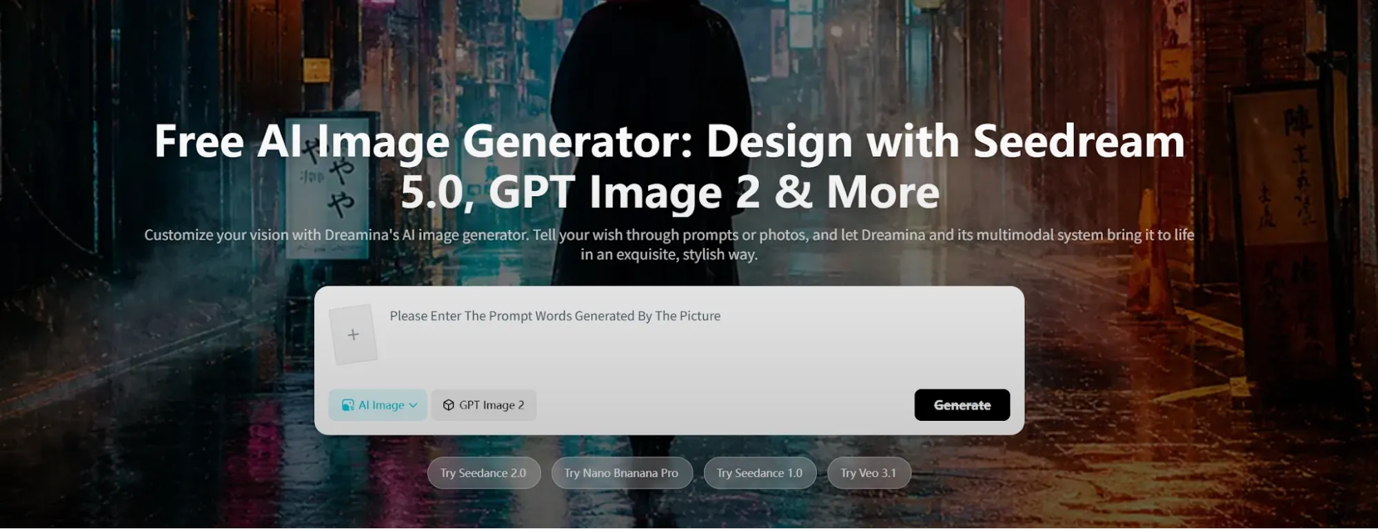 Dreamina homepage featuring stylized character art and creation prompt