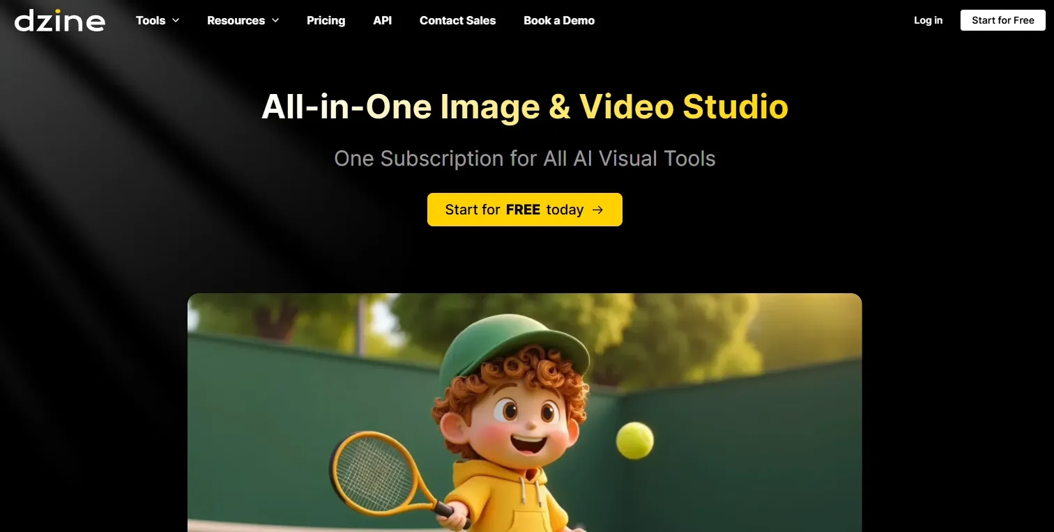 Dzine homepage showing all-in-one AI image and video studio tools