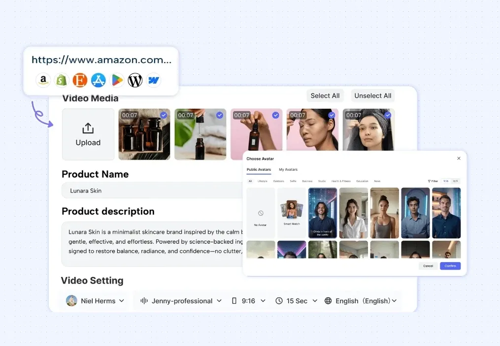 E‑commerce AI video generator interface with product information input, media upload and avatar selection panel